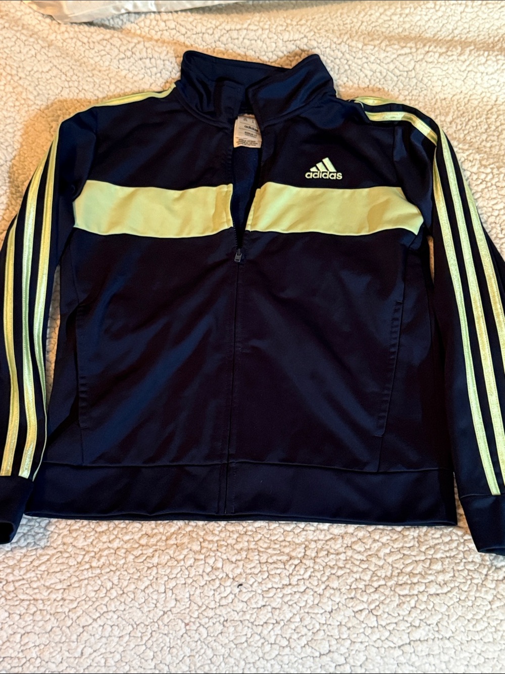 adidas Kids Navy Jacket with Yellow Stripe Accents Size L 10-12